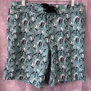 Amazon Essentials Mens Medium Tropical Palm Leaf Board Shorts Green Teal Summer